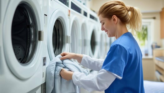 care assistant doing laundry in laundry room in care home